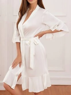 Women's Pajamas Robe Bathrobe Silk Robe Pure Color Fashion Comfort Wedding Party Satin Breathable V Wire Half Sleeve Summer Fall Light Pink Light Blue -Deals The Sexy Bra Store omnxov1692779759881