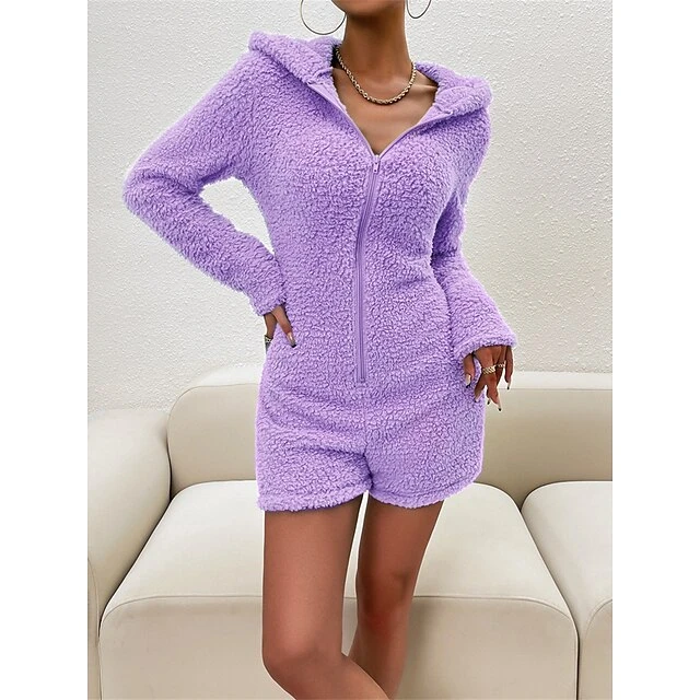 Women's Hooded Teddy Romper Pajamas Solid Warm Fashion Simple Street Daily Vacation Hoodie Long Sleeve Fall Winter Black Purple 13 Women's Hooded Teddy Romper Pajamas Solid Warm Fashion Simple Street Daily Vacation Hoodie Long Sleeve Fall Winter Black Purple - Image 13
