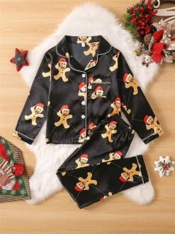 Women's Christmas Pajamas Sets Cartoon Color Combo Simple Casual Comfort Home Bed Satin Breathable Lapel Long Sleeve Shirt Pant Button Pocket Fall Winter Black -Deals The Sexy Bra Store oqaeiz1696751797429