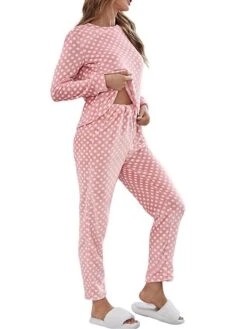 Women's Fleece Pajamas Sets Flannel Warm Dot Warm Fashion Plush Home Daily Bed Breathable Crew Neck Long Sleeve Pant Fall Winter Pink -Deals The Sexy Bra Store oropxd1695023629228