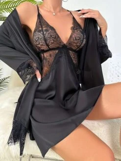 Women's Pajamas Bathrobe Nightgown Pure Color Simple Casual Comfort Home Daily Bed Polyester Breathable Plunging Neck Long Sleeve Fall Winter Lotus Pink Black -Deals The Sexy Bra Store orunij1694072412811