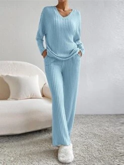 Women's Loungewear Sets Knit Drop Shoulder Tee Sweater And Pants Pure Color Home Street Daily Polyester Breathable V Wire Long Sleeve Sweater Pant Pocket Fall Winter Black Blue -Deals The Sexy Bra Store ouibbv1692950065540