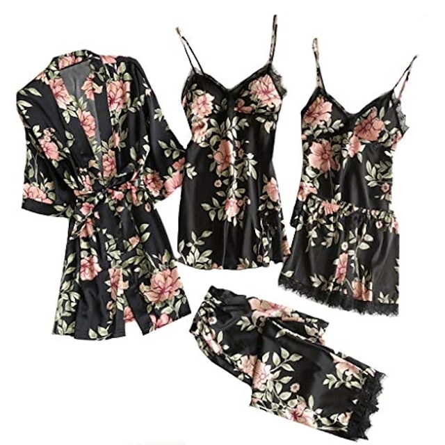 Women's Lace Silk Satin Pajama Sets 5Pcs Cami Top Nightgown Lace Night Robe Sexy Sleepwear Robe Sets Nightdress With Chest Pads 8 Women's Lace Silk Satin Pajama Sets 5Pcs Cami Top Nightgown Lace Night Robe Sexy Sleepwear Robe Sets Nightdress With Chest Pads - Image 8