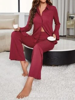 Women's Loungewear Sets Pure Color Fashion Casual Comfort Wedding Party Polyester Breathable Lapel Long Sleeve Shirt Pant Button Fall Winter Wine 9 Women's Loungewear Sets Pure Color Fashion Casual Comfort Wedding Party Polyester Breathable Lapel Long Sleeve Shirt Pant Button Fall Winter Wine -Deals The Sexy Bra Store ovlbyw1692950059536
