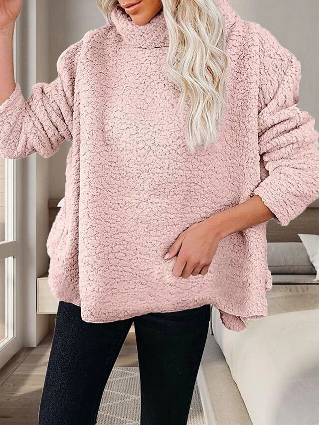 Women's Fleece Turtle Neck Lounge Top Pure Color Casual Comfort Home Street Daily Sherpa Warm Breathable Stand Collar Long Sleeve Pullover Pocket Fall Winter Black Pink 2 Women's Fleece Turtle Neck Lounge Top Pure Color Casual Comfort Home Street Daily Sherpa Warm Breathable Stand Collar Long Sleeve Pullover Pocket Fall Winter Black Pink - Image 2
