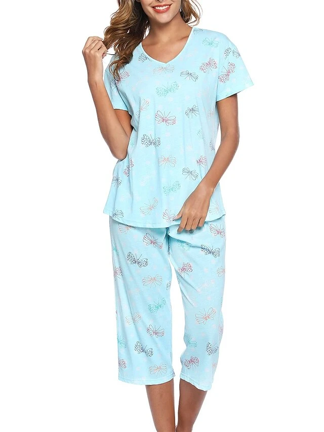 Women's Pajamas Pajama Top And Pant Sets Cat Butterfly Casual Comfort Sweet Home Daily Bed Cotton Breathable V Wire Short Sleeve T Shirt Tee Pant Elastic Waist Summer Spring Pink Blue 2 Women's Pajamas Pajama Top And Pant Sets Cat Butterfly Casual Comfort Sweet Home Daily Bed Cotton Breathable V Wire Short Sleeve T Shirt Tee Pant Elastic Waist Summer Spring Pink Blue - Image 2