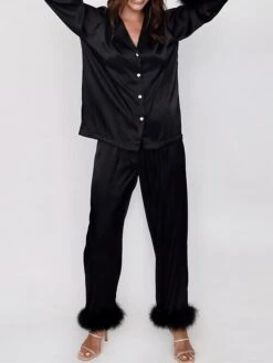 Women's Pajamas Sets Pure Color Fashion Casual Soft Wedding Party Satin Breathable Lapel Long Sleeve Shirt Pant Feather Fall Black White 27 Women's Pajamas Sets Pure Color Fashion Casual Soft Wedding Party Satin Breathable Lapel Long Sleeve Shirt Pant Feather Fall Black White -Deals The Sexy Bra Store owmosy1692861963832
