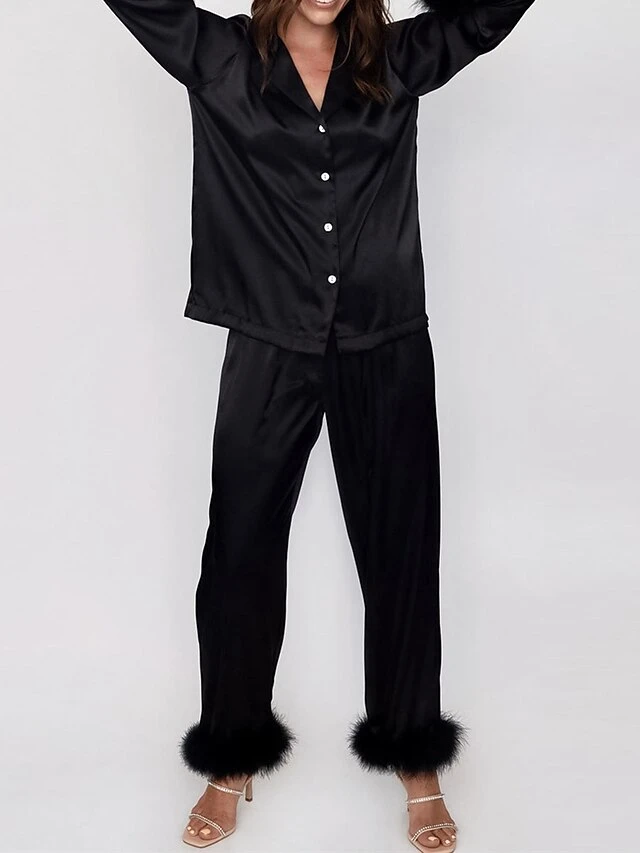 Women's Pajamas Sets Pure Color Fashion Casual Soft Wedding Party Satin Breathable Lapel Long Sleeve Shirt Pant Feather Fall Black White 8 Women's Pajamas Sets Pure Color Fashion Casual Soft Wedding Party Satin Breathable Lapel Long Sleeve Shirt Pant Feather Fall Black White - Image 8