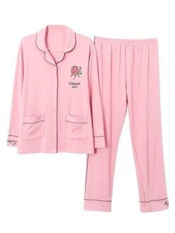 Women's Pajamas Pajama Top And Pant Sets Letter Flower Tights / Leggings Casual Comfort Home Daily Bed Cotton Breathable Lapel Long Sleeve Shirt Pant Button Pocket Summer Fall White Pink