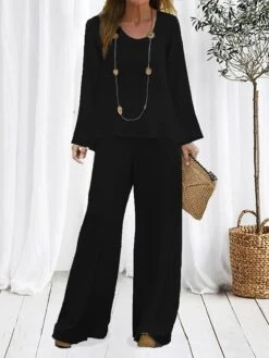 Women's Loungewear Sets Pure Color Fashion Comfort Soft Home Daily Bed Polyester Breathable Crew Neck Long Sleeve Pullover Pant Fall Winter Black White -Deals The Sexy Bra Store oyauqa1694164341965