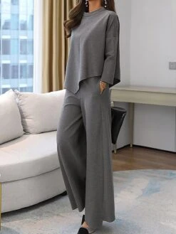 Women's Plus Size Loungewear Sets Pure Color Fashion Casual Comfort Home Street Daily Cotton Breathable Crew Neck Long Sleeve T Shirt Tee Pant Pocket Fall Winter Black Brown -Deals The Sexy Bra Store oydqfn1694162363008