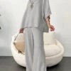 Women's Loungewear Sets Pure Color Basic Casual Comfort Home Street Daily Cotton Breathable V Wire Long Sleeve Hoodie Pant Summer Spring Black Beige