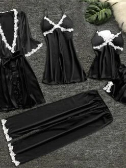 Women's Satin Silk Pajama Sets 5 Pieces Pure Color Simple Casual Soft Home Daily Bed Polyester Breathable V Wire Long Sleeve Pant Elastic Waist Summer Spring Lake Blue Black