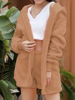 Women's Pajamas Sets Pure Color Warm Fashion Soft Home Daily Bed Polyester Warm Hoodie Long Sleeve Tank Top Shorts Hoodie Fall Winter Deep Purple Off White -Deals The Sexy Bra Store paveie1692689286014