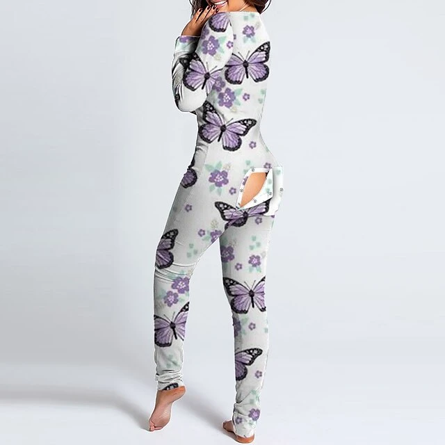 Women's Onesies Jumpsuits Butterfly Flower Funny Soft Party Home Halloween Gift V Wire Long Sleeve Winter Fall Silver Black Black / Buckle / Street / Print 19 Women's Onesies Jumpsuits Butterfly Flower Funny Soft Party Home Halloween Gift V Wire Long Sleeve Winter Fall Silver Black Black / Buckle / Street / Print - Image 19