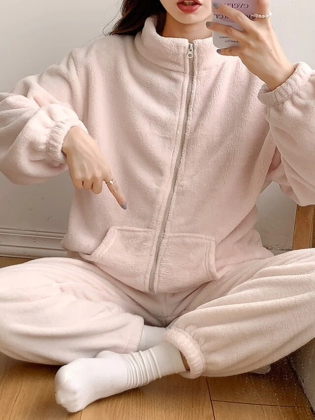 Women's Pajamas Sets Pure Color Warm Fashion Casual Home Daily Bed Flannel Warm Breathable Stand Collar Long Sleeve Cardigan Pant Pocket Fall Winter Purple Green 6 Women's Pajamas Sets Pure Color Warm Fashion Casual Home Daily Bed Flannel Warm Breathable Stand Collar Long Sleeve Cardigan Pant Pocket Fall Winter Purple Green - Image 6