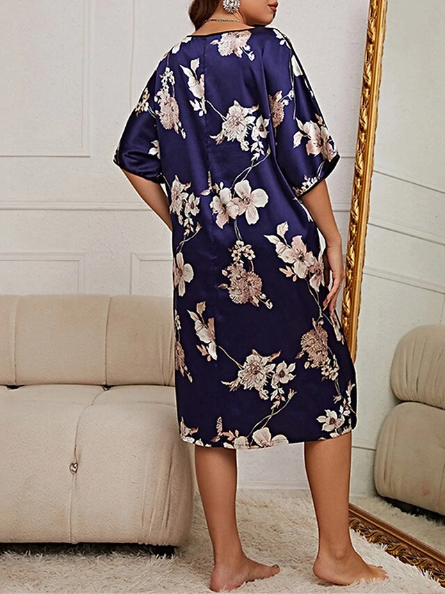 Women's Plus Size Nightgown Dress Flower Casual Comfort Soft Home Daily Bed Polyester Breathable Crew Neck Half Sleeve Dress Summer Spring Black Red 4 Women's Plus Size Nightgown Dress Flower Casual Comfort Soft Home Daily Bed Polyester Breathable Crew Neck Half Sleeve Dress Summer Spring Black Red - Image 4