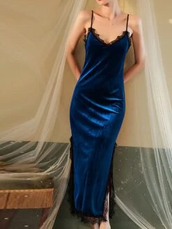 Women's Pajamas Nightgown Nightshirt Dress Pure Color Fashion Hot Comfort Party Xmas Home Christmas Lace Breathable Straps Sleeveless Backless Fall Winter Wine Royal Blue -Deals The Sexy Bra Store pdxduj1694742390652
