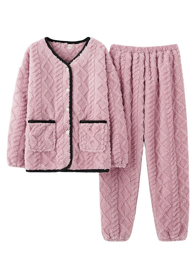 Women's Pajamas Sets Pure Color Warm Comfort Soft Home Daily Bed Flannel Warm Breathable Crew Neck Long Sleeve Cardigan Pant Button Pocket Fall Winter JY5128 JY5136 2 Women's Pajamas Sets Pure Color Warm Comfort Soft Home Daily Bed Flannel Warm Breathable Crew Neck Long Sleeve Cardigan Pant Button Pocket Fall Winter JY5128 JY5136 - Image 2