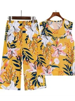 Women's Plus Size Pajama Cotton Top And Pant Sets 2Pcs Floral Print Fashion Casual Comfort Home Daily Vacation Breathable Crew Neck Sleeveless Tank Top Pants Summer Spring Yellow Light Green -Deals The Sexy Bra Store pgymch1683783095183
