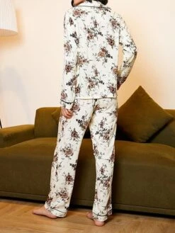 Women's Pajamas Pants Sets Flower Casual Comfort Soft Home Daily Bed Cotton Breathable Lapel Long Sleeve Pant Fall Winter Beige -Deals The Sexy Bra Store pgyxpa1692348319517