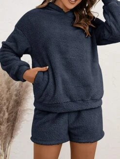 Women's Coral Fleece Lounge Sets Pure Color Casual Comfort Soft Street Daily Vacation Coral Velvet Breathable Hoodie Long Sleeve Shorts Elastic Waist Fall Winter Pink Navy Blue -Deals The Sexy Bra Store phmyyu1689845891788