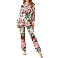 Women's Pajamas Sets Pjs 2 Pieces Leopard Stripe Fashion Simple Comfort Home Daily Vacation Satin Breathable Gift Lapel Long Sleeve Pant Button Elastic Waist Fall Spring Light Pink Black -Deals The Sexy Bra Store pjyvam1634284984535