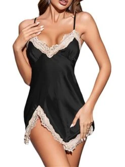 Women's Pajamas Nightgown Nightshirt Dress Patchwork Hot Comfort Soft Home Daily Bed Satin Breathable Straps Sleeveless Backless Spring Summer Black Pink -Deals The Sexy Bra Store plztpv1676968077182