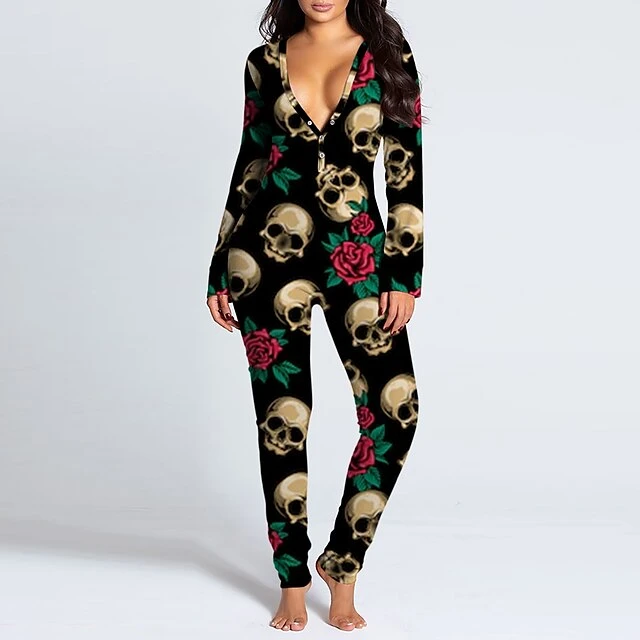 Women's Onesies Jumpsuits Butterfly Flower Funny Soft Party Home Halloween Gift V Wire Long Sleeve Winter Fall Silver Black Black / Buckle / Street / Print 5 Women's Onesies Jumpsuits Butterfly Flower Funny Soft Party Home Halloween Gift V Wire Long Sleeve Winter Fall Silver Black Black / Buckle / Street / Print - Image 5