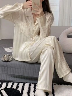 Women's Loungewear Sets 2 Pieces Stripe Fashion Casual Comfort Street Daily Date Silk Breathable Lapel Long Sleeve Pant Button Pocket Summer Fall Black White 22 Women's Loungewear Sets 2 Pieces Stripe Fashion Casual Comfort Street Daily Date Silk Breathable Lapel Long Sleeve Pant Button Pocket Summer Fall Black White -Deals The Sexy Bra Store pohjxs1689581318939