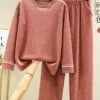 Women's Loungewear Delong Thermal Underwear Sets Pure Color Simple Casual Comfort Home Daily Bed Polyester Warm Crew Neck Long Sleeve Pant Pocket Elastic Waist Fall Winter Light Pink Pink