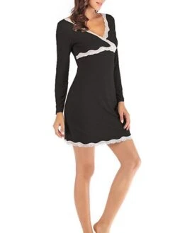 Women's Pajamas Nightgown Nighty Pure Color Simple Comfort Home Daily Bed Modal Breathable Gift V Wire Long Sleeve Lace Basic Spring Summer Black Gray -Deals The Sexy Bra Store pptzvn1647237799739