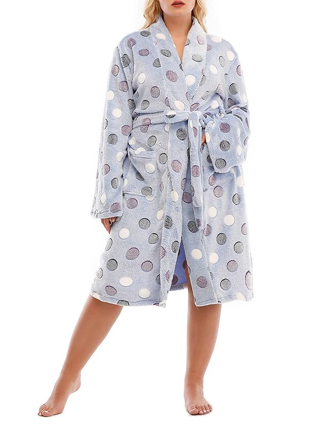 Women's Plus Size Robe Dot Simple Casual Comfort Home Street Going Out Flannel Warm Breathable V Wire Long Sleeve Pocket Summer Fall Lavender Lilac White 5 Women's Plus Size Robe Dot Simple Casual Comfort Home Street Going Out Flannel Warm Breathable V Wire Long Sleeve Pocket Summer Fall Lavender Lilac White - Image 5