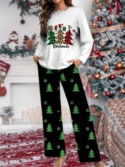 Women's Christmas Pajamas Sets Grid / Plaid Trees Warm Comfort Soft Home Christmas Daily Polyester Gift Crew Neck Long Sleeve T Shirt Tee Fall Winter Pink Green