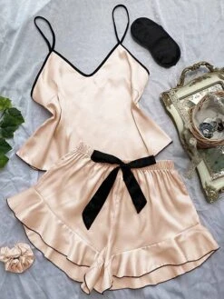 Women's Pajamas Pajama Top And Pant Sets Pure Color Simple Casual Soft Home Daily Bed Satin Breathable Straps Short Sleeve Strap Top Shorts Summer Spring Lotus Pink Black -Deals The Sexy Bra Store psjtqz1680597778651