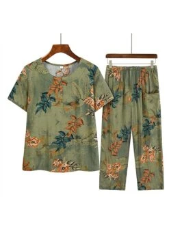 Women's Plus Size Loungewear Sets Flower Leaves Simple Casual Comfort Home Daily Vacation Polyester Breathable Crew Neck Short Sleeve T Shirt Tee Summer Spring Lake Blue Army Green
