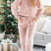 Women's Christmas Loungewear Sets Pure Color Casual Comfort Soft Home Xmas Daily Going Out Sherpa Warm Stand Collar Long Sleeve Hoodie Pant Fall Winter Black Pink