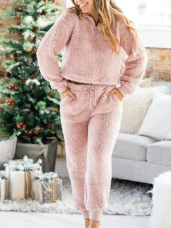 Women's Christmas Loungewear Sets Pure Color Casual Comfort Soft Home Xmas Daily Going Out Sherpa Warm Stand Collar Long Sleeve Hoodie Pant Fall Winter Black Pink