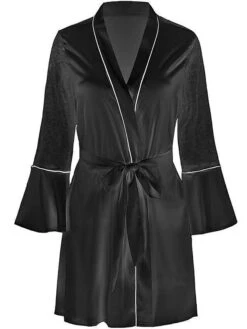 Women's Satin Silk Lace Robe Pajamas Nightgown Nightshirt Dress Pure Color Simple Casual Comfort Home Daily Bed Satin Breathable V Wire Long Sleeve Belt Included Fall Winter Black White -Deals The Sexy Bra Store puebie1697170323446