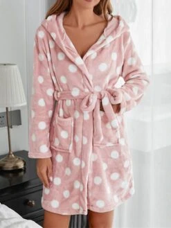 Women's Robes Gown Pjs Dot Comfort Soft Home Bed Polyester Hoodie Long Sleeve Pocket Hoodie Fall Winter Pink -Deals The Sexy Bra Store pusyda1662541450318
