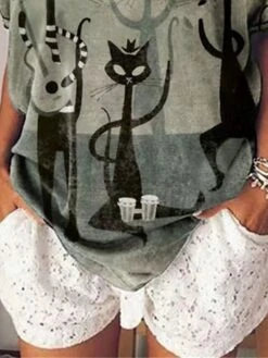 Women's Loungewear Top Cat Fashion Casual Comfort Street Date Airport Spandex Breathable Lapel Short Sleeve Summer Spring Gray -Deals The Sexy Bra Store pvanab1682328149915