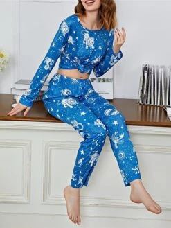 Women's Pajamas Sets Graphic Prints Fashion Casual Soft Home Christmas Daily Polyester Breathable Crew Neck Long Sleeve T Shirt Tee Pant Summer Fall Blue