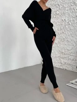 Women's Knitted Lounge Sets Pure Color Fashion Comfort Soft Street Daily Date Acrylic Breathable V Wire Long Sleeve Pant Summer Fall Black Pink -Deals The Sexy Bra Store pyhuob1690533195654