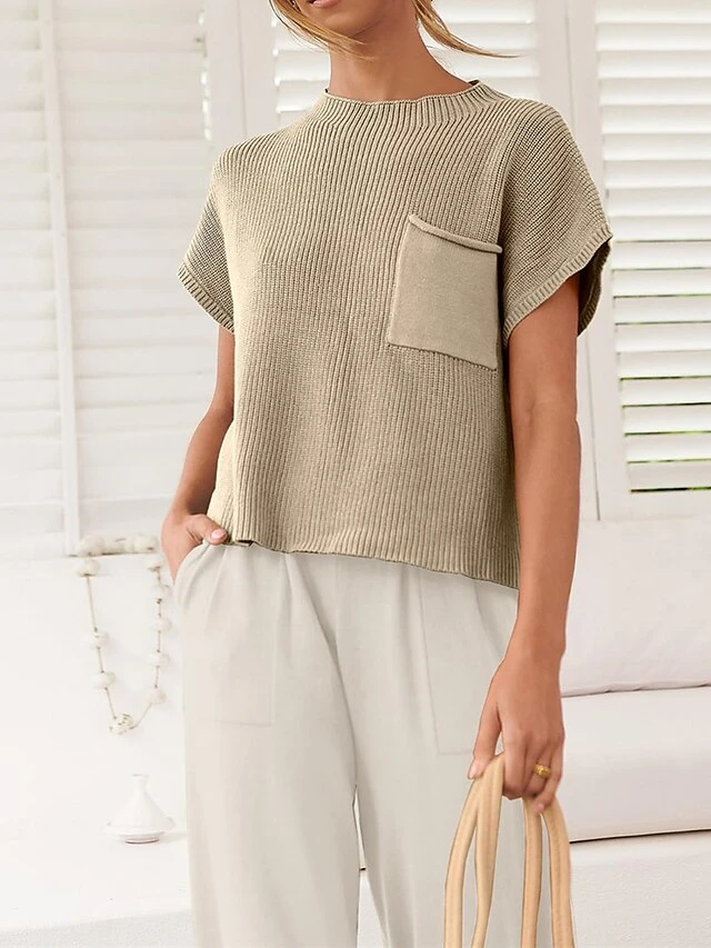 Women's Knit Lounge Sets Top And High Waisted Pants Pure Color Casual Comfort Soft Home Street Daily Polyester Breathable Stand Collar Short Sleeve Sweater Pant Pocket Summer Fall Black Brown 5 Women's Knit Lounge Sets Top And High Waisted Pants Pure Color Casual Comfort Soft Home Street Daily Polyester Breathable Stand Collar Short Sleeve Sweater Pant Pocket Summer Fall Black Brown - Image 5