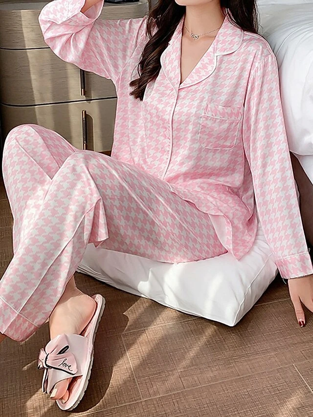 Women's Loungewear Sets Grid / Plaid Fashion Comfort Soft Home Daily Bed Ice Silk Breathable Lapel Long Sleeve Shirt Pant Button Pocket Fall Winter Black Pink 16 Women's Loungewear Sets Grid / Plaid Fashion Comfort Soft Home Daily Bed Ice Silk Breathable Lapel Long Sleeve Shirt Pant Button Pocket Fall Winter Black Pink - Image 16