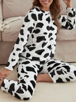 Women's Fleece Pajamas Sets Milk Cow Warm Fashion Plush Home Daily Bed Flannel Warm Breathable Crew Neck Long Sleeve Pant Fall Winter White -Deals The Sexy Bra Store pzahgo1694766973863