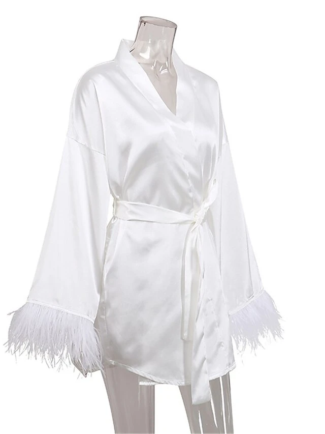 Women's Pajamas Bathrobe Robes Gown Pure Color Simple Casual Comfort Wedding Party Satin Breathable V Wire Long Sleeve Feather Fall Winter Black White 7 Women's Pajamas Bathrobe Robes Gown Pure Color Simple Casual Comfort Wedding Party Satin Breathable V Wire Long Sleeve Feather Fall Winter Black White - Image 7