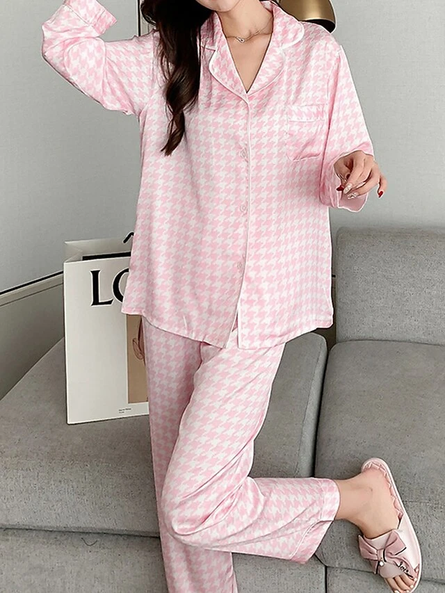 Women's Loungewear Sets Grid / Plaid Fashion Comfort Soft Home Daily Bed Ice Silk Breathable Lapel Long Sleeve Shirt Pant Button Pocket Fall Winter Black Pink 20 Women's Loungewear Sets Grid / Plaid Fashion Comfort Soft Home Daily Bed Ice Silk Breathable Lapel Long Sleeve Shirt Pant Button Pocket Fall Winter Black Pink - Image 20