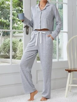 Women's Loungewear Sets Pure Color Casual Comfort Soft Home Street Daily Polyester Breathable Lapel Long Sleeve Pant Pocket Elastic Waist Fall Winter Gray -Deals The Sexy Bra Store qbhang1692348330959
