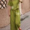 Women's Loungewear Sets 2 Pieces Top And Pant Sets Flower Print Fashion Casual Soft Home Daily Bed Cotton Breathable Crew Neck Half Sleeve T Shirt And Wide Leg Pants Summer Spring Black Light Green